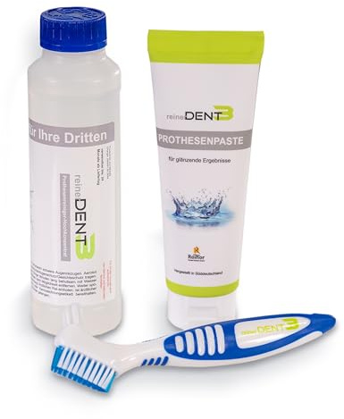 reinerDENT3 Zahnprothesen Vorratsset – Reiniger XL 250ml + Zahnprothesenpaste + Zahnprothesenbürste – Komplettset zur täglichen Reinigung & Pflege von Zahnprothesen, Teilprothesen – Vorteilspreis