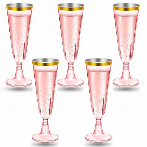 Coztie Sektgläser Plastik, 30 Stück Kunststoff 150ml Mehrweg Champagnergläser Mimosa für Sektempfang, Hochzeit, Geburtstag, Picknick, Party (30, Pink Gold Edge)