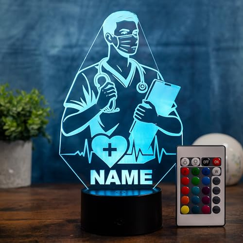 SpadinsLaserDreams Personalisierte Arzt Lampe mit Name – LED Nachtlicht für Ärzte & Pflegepersonal, Geschenk für Krankenschwester, Arzt Geschenk Idee, Medizin Deko, 16 Farben dimmbar