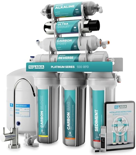 NU Aqua Umkehrosmose-Wasserfiltersystem für Unterbecken, 7-stufiges UV- und alkalisches Umkehrosmose-Wasserfiltersystem – 100 GPD RO Filtration & Remineralisierung – Wasserhahn und Tank –
