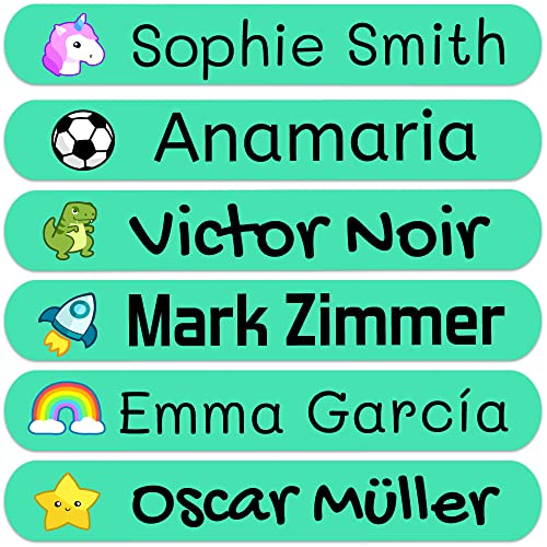 50 Personalisierte Namensaufkleber für Kinder. Klebeetiketten zum Beschriften von Schule, Kindergarten, Büchern, Spielzeug, Tupper. Wasserdichte Etiketten 6x1 cm