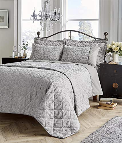 Olivia Rocco Luxury Savoy Bedspread Quilted Throw And Pillow Shams Set King Size Bed Throw Comforter, 220 x 230 cm Grey