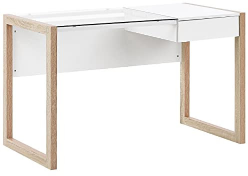 Bureau avec Plateau en Verre de Sécurité et Piétement Effet Bois Clair et Blanc et Tiroir Pratique Design Moderne et Scandinave Beliani