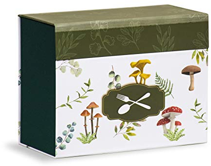 Mareli Rezeptbox mit 60 illustrierten Rezeptkarten zum selber beschriften und 6 Trennblättern im Essensdesign, Dunkelgrüm, 22,5x11x17