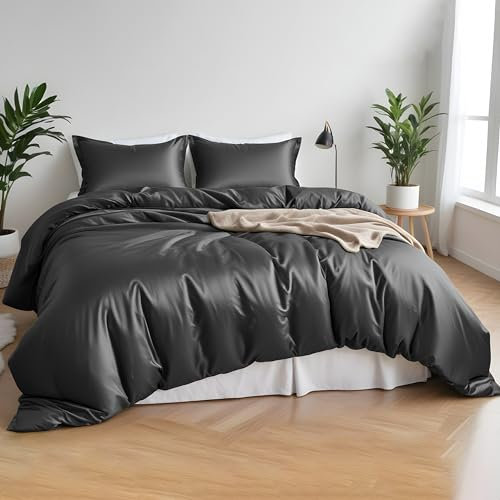 LINENWALAS 100% Bamboo Bedding King Size 4 Pieces set- Softest Cool Bamboo Bedding Perfect for Skincare- 1 Duvet Cover,1 Fitted Sheet & 2 Pillowcases Sets (Double, Charcoal Grey)