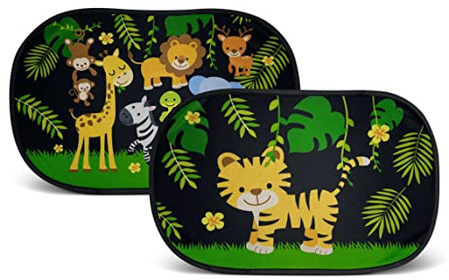 HECKBO 2X Auto Sonnenblende mit 8 Saugnäpfen - Dschungel Tiere Motiv - 48x31cm - Auto Fenster Seitenfenster Sonnenschutz Autosonnenblende Seitenscheibe - mit Tasche - für Baby Kinder Mädchen Jungen