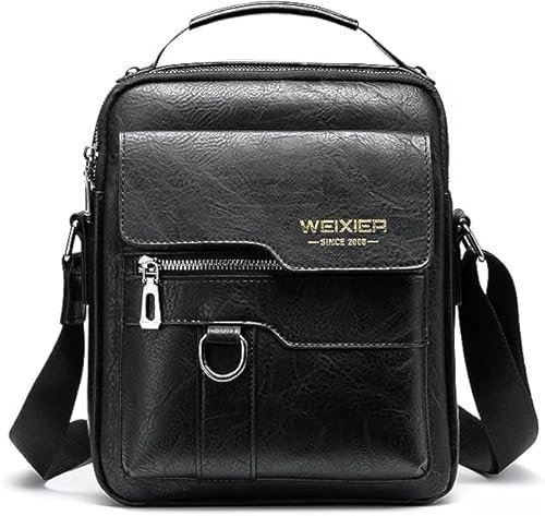 Hjkiopc Men's Shoulder Bag PU Leather Messenger Bag Pack Business Satchel Side Bag Casual Handbag for Men Working Shopping School Daily Use (Black-A)