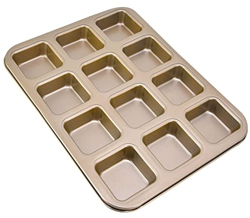 Natudeco Brownie-Backform, 12 quadratische Mulden, Mini-Kuchen, Antihaft-Kohlenstoffstahl, Muffin-Backformen, Cupcake-Brotteiler, Mini-Laib-Backformen zum Backen im Ofen(Gold)