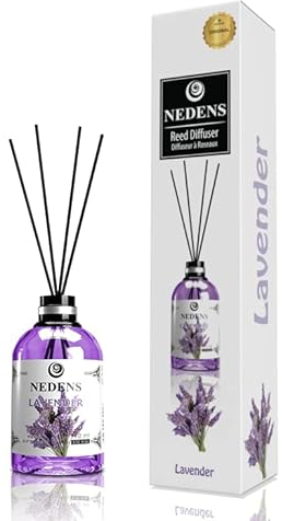 NEDENS Duftstäbchen Mikado 110 ml – Raumduft mit 4 Bambusstäbchen, langanhaltender Duft, dekorative Glasflasche, Intensität regulierbar, ideal für Wohnzimmer, Bad, Flur & Büro (Lavendel)