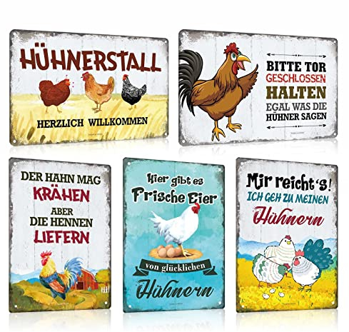 5er Set Hühner Blechschild mit Lustig Spruch - Vintage Hühnerstall Huhn Hahn Eier Metall-Schild - Shabby Chic Schild Hühner Deko Geschenk als Hühnerstall Zubehör 20x30cm