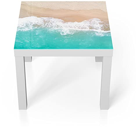 DEQORI Glastisch | weiß klein 55x55 cm | Motiv Wellen brechen am Strand | ausgefallener Beistelltisch aus Glas | Hochglanz Couchtisch fürs Wohnzimmer | moderner Couch Tisch mit Design