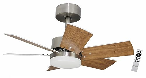 Bastilipo - Ventilador de techo con motor DC, mando a distancia, 75cm, 6 aspas reversibles Roble claro/oscuro, luz LED 3 tonos, ARENAL DC,