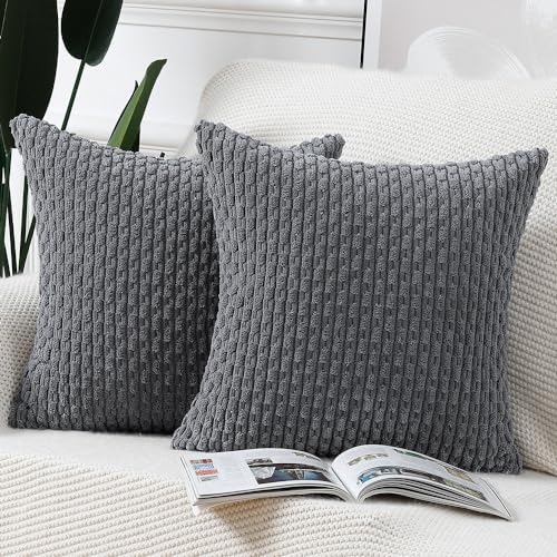 Madizz 2er Set Boho Gestreifte Kissenbezüge Weicher Kord Dekorativer Kissenbezug für Schlafzimmer Sofa Kissenhülle Grau 55 x 55 cm