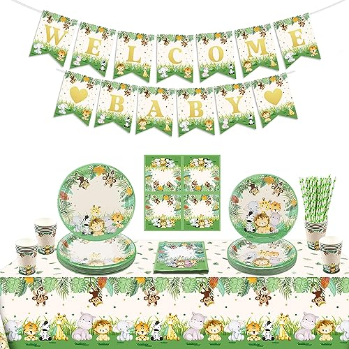 Safari Baby Shower Party Decorations, Including Baby Banner, Safari Paper Plates, Napkins, Paper Cups, Safari Tablecloth, Woodland Safari Gender Reveal Party Decor, Serves 20 Guests