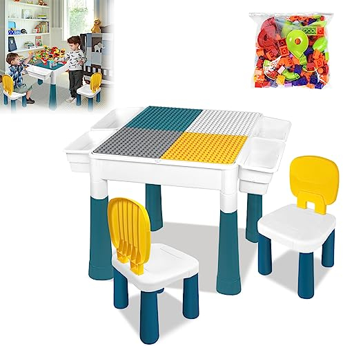 JOIEYOU Kindertisch Aktivitätstisch Set mit 2 stühlen und 163 Stück Bausteine doppelseitiger Tischplatte Multifunktionaler Bausteintisch Kinderspieltisch Schreibtisch(TYP A)