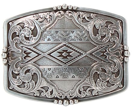 Nocona Belt Co. Men's Western Buckle with Floral Aztec Engraving and Stud Accents (Silver, 3 x 3-1/2)