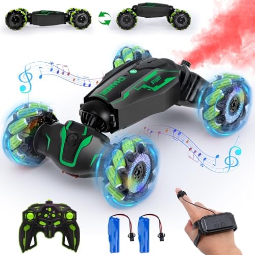 Yellcetoy Ferngesteuertes Auto mit Handsteuerung, RC Stunt Twist Car mit Musik Licht & Sprühen, 4WD Handgesteuertes Auto mit 2,4 GHz Fernbedienung Batterien für Kinder Jungen 6 7 8 9 10 12 Jahre Grün