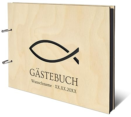 Personalisiertes Fotoalbum Taufe Konfirmation Kommunion echtes Holz DIN A4 Kondolenzbuch mit Lasergravur - Jesus Fisch - mit 25 Blatt / 50 Seiten Fotokarton Schwarz