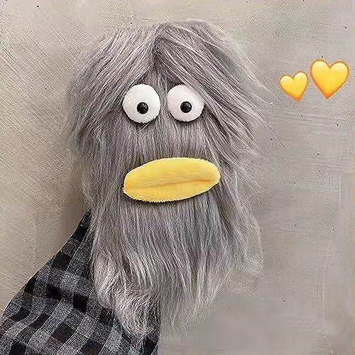 Aeilene Grey Plush Phone Case for iPhone 11, Cute DIY Long Hair Funny Face Warm Furry Cases 3D Cartoon Fluffy Winter Protective Case for Women Girls