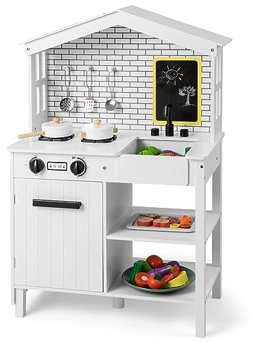 COSTWAY Kinderküche mit Spielzubehör, Spielküche Holz mit Tafel & Wasserhahn & Spül, Spielzeugküche Holzküche für Kinder ab 3 Jahren