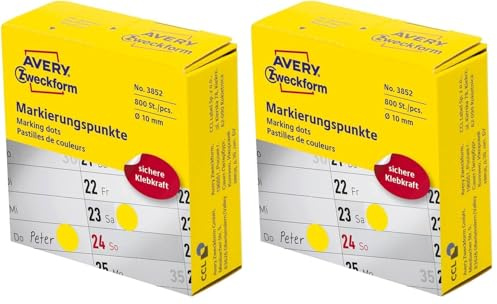 AVERY Zweckform 3852 selbstklebende Markierungspunkte (ø 10 mm, 800 Klebepunkte auf Rolle im Spender, runde Aufkleber für Kalender, Planer und zum Basteln) gelb, 3 Stück (Packung mit 2)