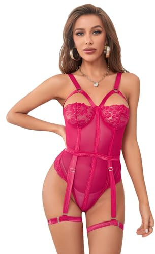 comeondear Body Donna Sexy Taglie Forti Lingerie Pizzo Bodysuit Hot Curvy Babydoll Elegante Estivo Teddy Scollo a V Aperto Dietro Striscia Senza Maniche con Reggicalze Clubwear Top Rosa,XS-S