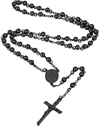 Supcare Jesus Kreuz Kette Herren Rosenkranz Schwarz Katholische Halskette Gebetskette Christlich EdelstahlKette Jungfrau Maria Rosary Religiöse Kruzifix Anhänger Cross Necklace Modeschmuck für Ostern