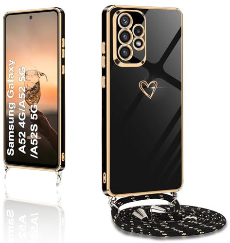 Cover per Samsung Galaxy A52 4G/5G/A52S 5G con Cordino,Custodia per Samsung A52 con Tracolla,antivibrazione e antigoccia TPU Corda Silicone Cuore Carino Cover per Samsung A52/A52S 5G con Cordino -Nero