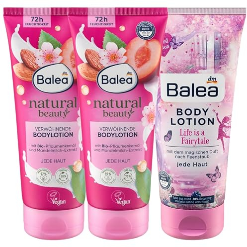 Balea 3er-Set Hautpflege: Natural Beauty Bodylotion PFLAUME MANDELMILCH für normale bis trockene Haut (2 x 200 ml) + Bodylotion LIFE IS A FAIRYTALE mit magischem Duft nach Feenstaub (200 ml), 600 ml
