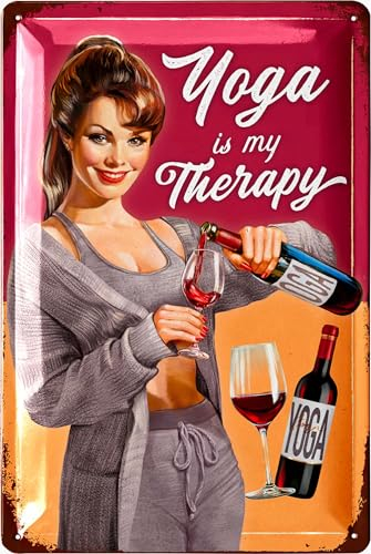 LANOLU Retro Blechschild WEIN YOGA, Bild Küche, Schilder mit Sprüchen, Retro Deko, Küchenbilder, Weinkenner Geschenk, Weindeko, Vintage Metallschild 20x30cm