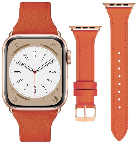 ONET8O Slim Leather Strap Compatible with Apple Watch Series Genuine Leather Replacement Band for Thin iWatch 38/40/41mm or 42/44/45/49mm for Women Rose gold Adapters-38/40/41mm Orange