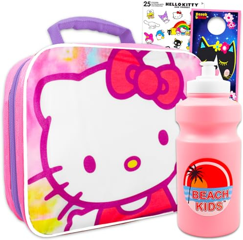 Hello Kitty Bolsa de almuerzo para niñas - Paquete con lonchera Hello Kitty Plus calcomanías, botella de agua, más | Juego de recipientes de almuerzo Hello Kitty