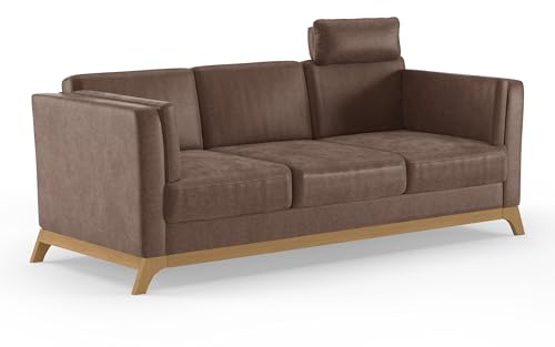 Cavadore 3er-Sofa Vida / 3-Sitzer Couch im trendigen Design mit massivem Holzrahmen in Eiche, Kopfstütze mit Kuschelkissen / 213 x 84 x 93 / Mikrofaser, Hellbraun