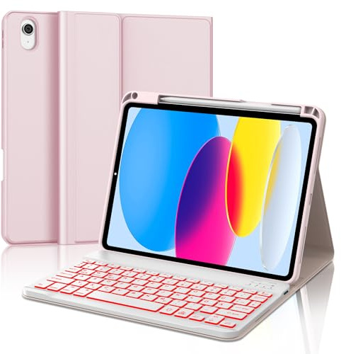 IVEOPPE Hülle mit Tastatur für iPad A16 11 Generation 2025/10 Generation 2022, Bluetooth Magnetische Tastatur für iPad 11./10. Gen (11/10.9 Zoll), 7-Farbige Beleuchtung, QWERTZ Layout Keyboard, Rosa