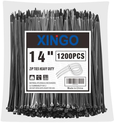 XINGO 1200 Stück Kabelbinder Schwarz, 350mm x 5.8mm, 37kg Zugfestigkeit, UV-beständig, Selbstsichernde Kabelbinder für drinnen und drauße