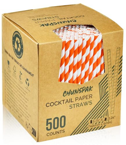 Chunspak 5.75 inch Orange Paper Cocktail Straws, Short Disposable Drinking Straws 500 Counts, Unwrapped - Compostable