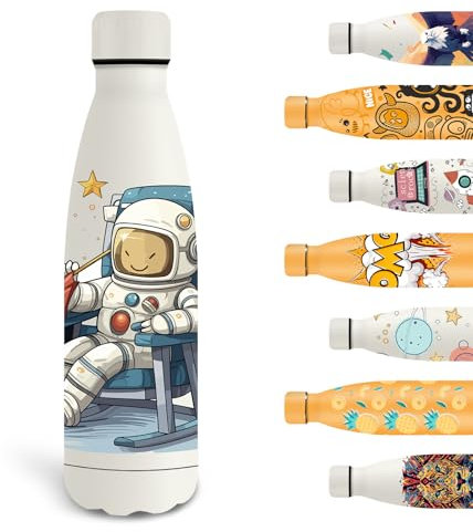 Grsta Trinkflasche 500ml, Trinkflasche Edelstahl BPA-freie, Wasserflasche für Kohlensäurehaltige Getränke, Trinkflasche Personalisiert mit Astronaut-Muster, Thermosflasche für Schule, Camping, Weiß
