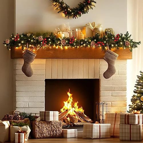 1.8M/6FT Christmas Garland, Christmas Garland with Lights for Stair Fireplace, Decoration Christmas Garlands with Pinecones Berries for Doors Xmas Tree Garden Yard Store Decor