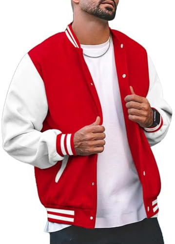 seiveini Giacca da Baseball Uomo Senza Cappuccio Giacca College Bomber Varsity Jacket Cappotto Felpa Sportivo Retrò Autunnale Invernale A Rosso S