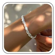 Inateannal Boho Barockes Perlenarmband Weißes Süßwasserperlenarmband Silbernes Perlenarmband Vintage Minimalistisches Perlenarmband Simulierte Perle Hochzeitsarmband Schmuck Für Frauen