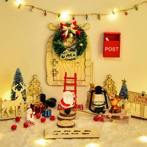 Herefun 43 PCS Wichteltür Zubehör Set, Wichtel Zubehör Weihnachten mit Weihnachtsdeko Licht, Miniatur Wichtel Set Weihnachten Komplett, Kinderzimmer Dekoration für Weihnachten