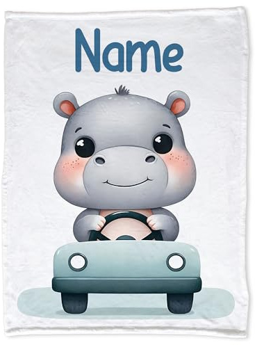 GRAZDesign Babydecke mit Namen personalisiert Nilpferd flauschig, Baby Kuscheldecke zur Geburt, Geburtstag, Weihnachten 100x75cm - Kuscheldecke