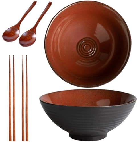 Sightday Noodle Bowl Set of 2 - 1200ml Ceramic Bowl for Pasta, Snack, Soup, Salad, Cereal (Dark Red) with Ramen Spoons and Chopsticks