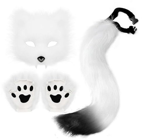 Fgbetcv Katze Maske und Schwanz Set, Tier Pelzige Wolfsmaske, Langer Schwanz Cosplay Kostüm Dress Up für Halloween Weihnachten Karneval Bühne (Weiß)