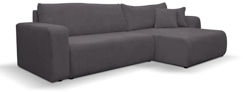 VENASI MÖBEL Luna XL Ecksofa mit Schlaffunktion und Bettkasten Cord-Stoff Schlafsofa Eckcouch Sofa (Dunkelgrau)