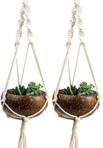 JMS we create smile Coconut Wooden Round Hanging Planters with Macrame Hangers - Indoor/Outdoor Plant Pots - Boho Decor Nursery Pot for Garden Plants, Herbs, Flowers