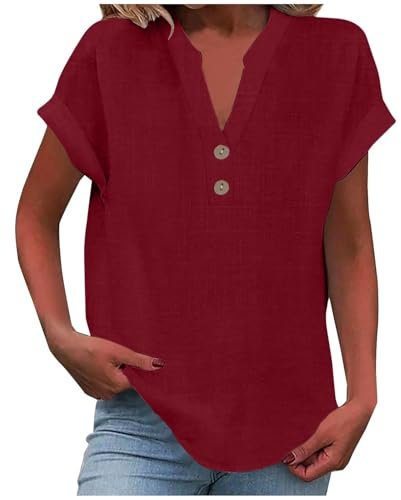 Womens t Shirts, Ladies Tops 2025 Women's Summer Cotton Linen Cap Sleeve T-Shirt Button V Neck Tunic Top Fashion Baggy Solid Plain Casual Shirts Trendy Blouse Wine