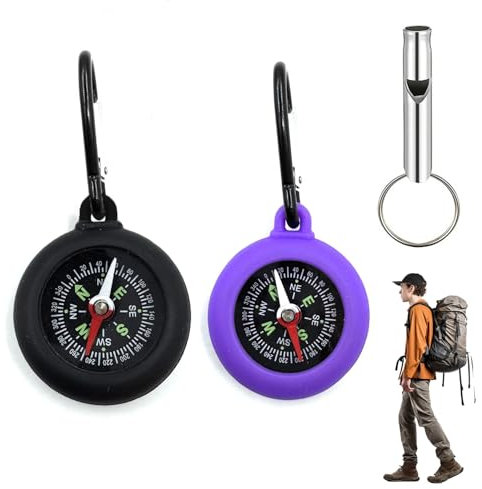 Dyiouxin Mini Bussola Portatile Portachiavi, Bussola Bambini Professionale con Fischietto Emergenza, per Campeggio All'aperto, Escursionismo, Navigazione (Nero/Viola)