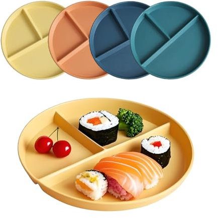 LJYING 9 Inch Divided Dinner Plates 4pcs - Reusable Unbreakable Portion Control Microwave & Dishwasher Safe, Deep Dish Design for Picnics & Diets, Lightweight (Dark Colour, 4 Pack)