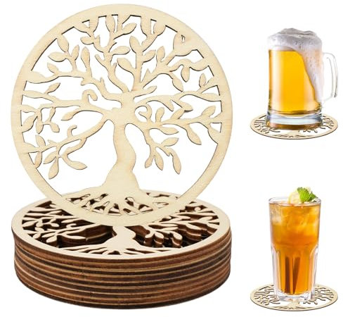 12 Pièces Arbre De Vie en Bois pour La Méditation, 10 cm Dessous de Verre en Bois de Bouleau, Dessous de Verre Vides en Bambou, sous-Verres Réutilisables en Bouleau, pour Maison Décoration